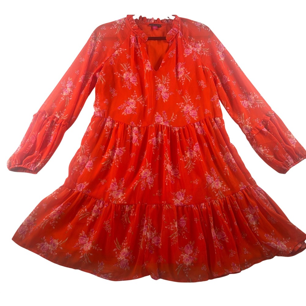 Vince Camuto Orange Floral Tiered Babydoll Mini Dress Long Sleeve C3422900 Small